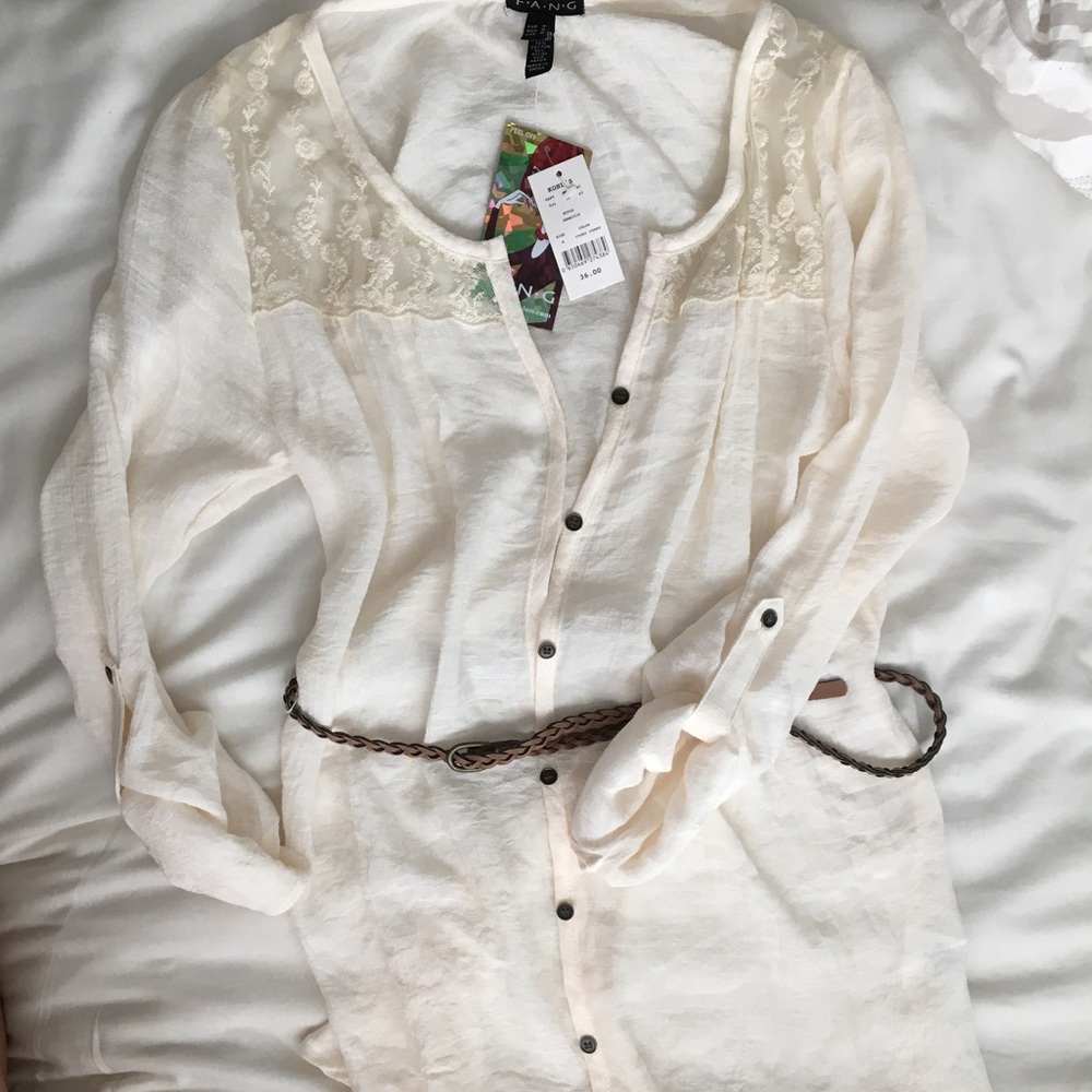 LAST SALE-Pretty, light cream top with belt